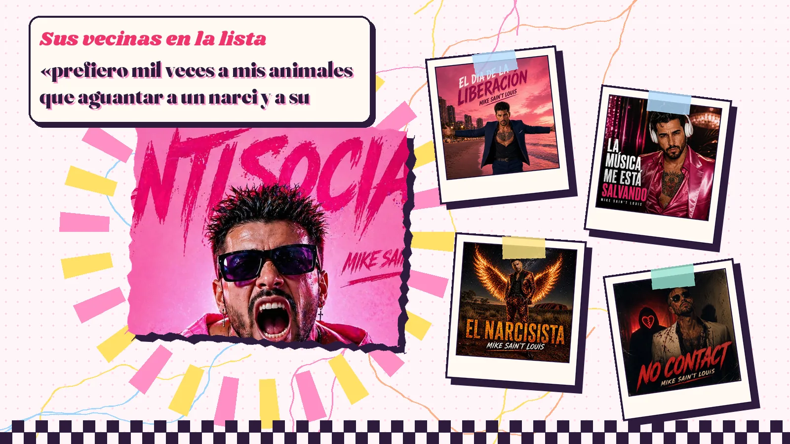 Collage con un detalle de la carátula de «Antisocial» y las carátulas de «El día de la liberación», «La música me está salvando», «El narcisista», «No Contact»