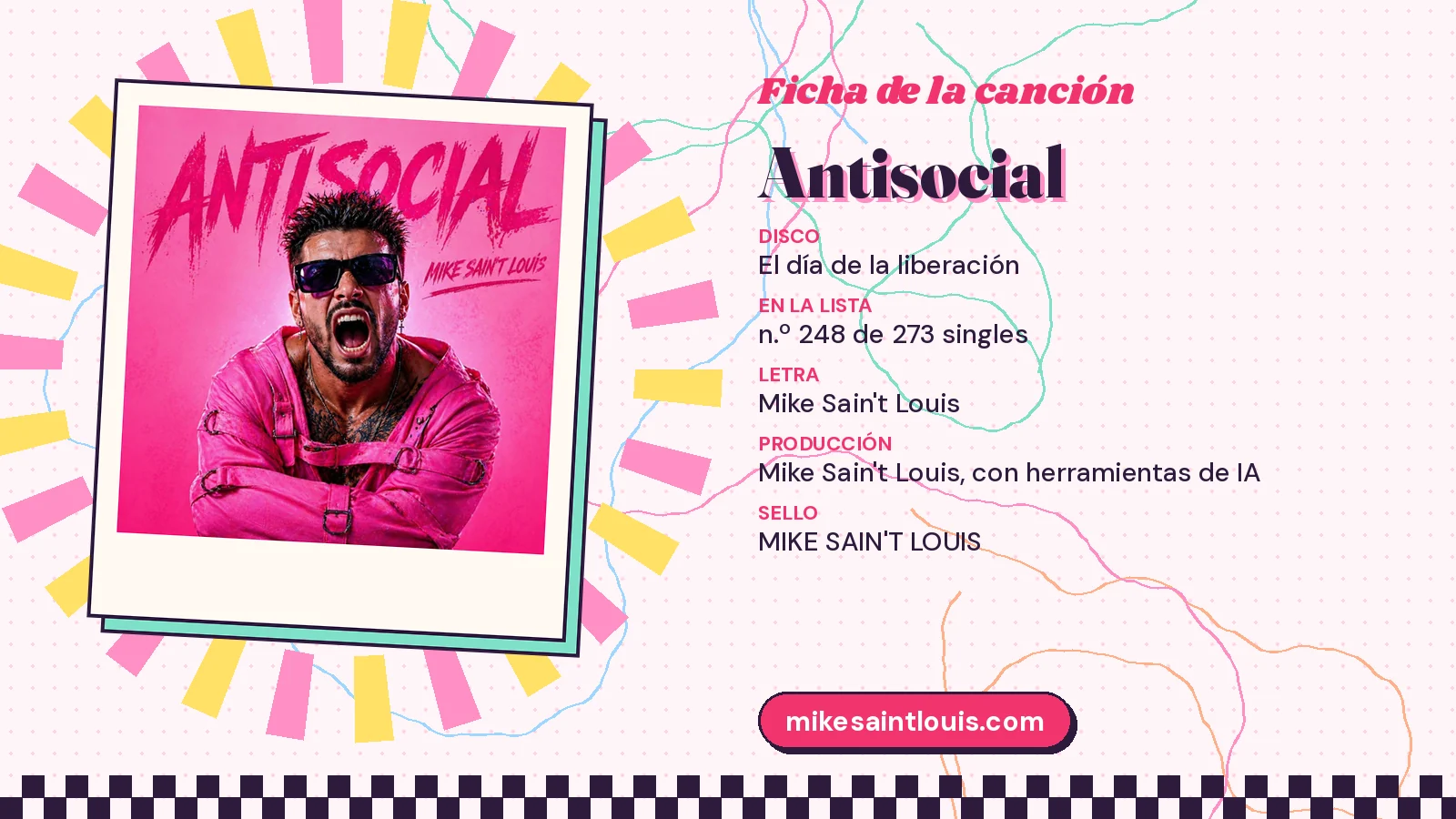 Ficha de la canción «Antisocial» con su carátula: disco «El día de la liberación», letra y producción de Mike Sain't Louis