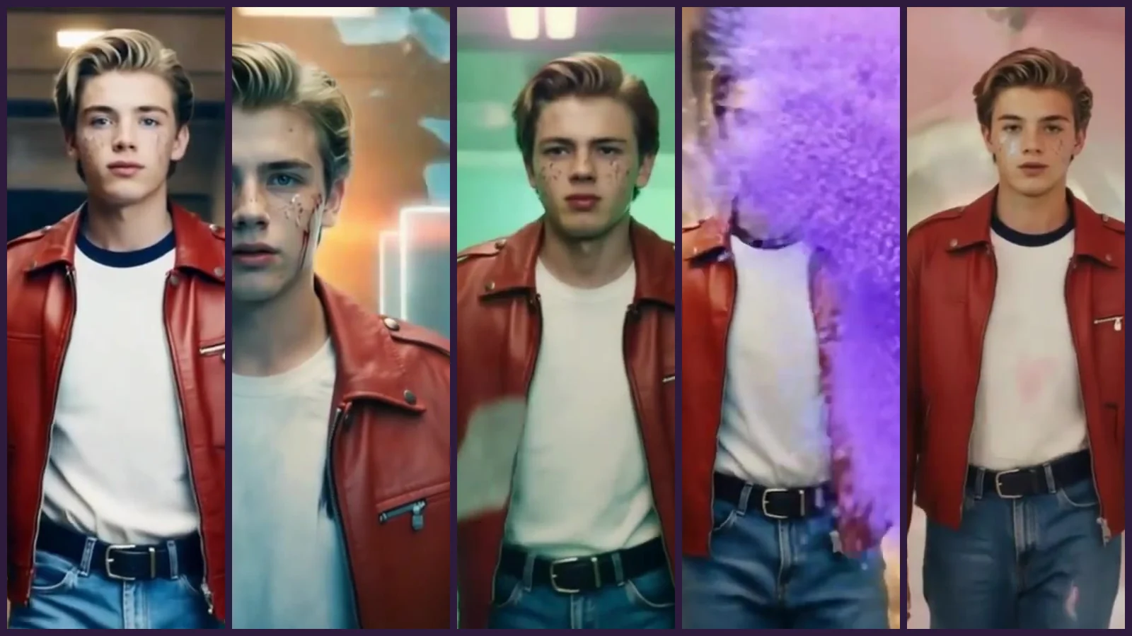 Cinco franjas verticales del videoclip de «Mirror»: el chico de la chaqueta roja junto al espejo dorado, entre marcos de neón, en el pasillo verde, envuelto en polvo violeta y en el pasillo rosa