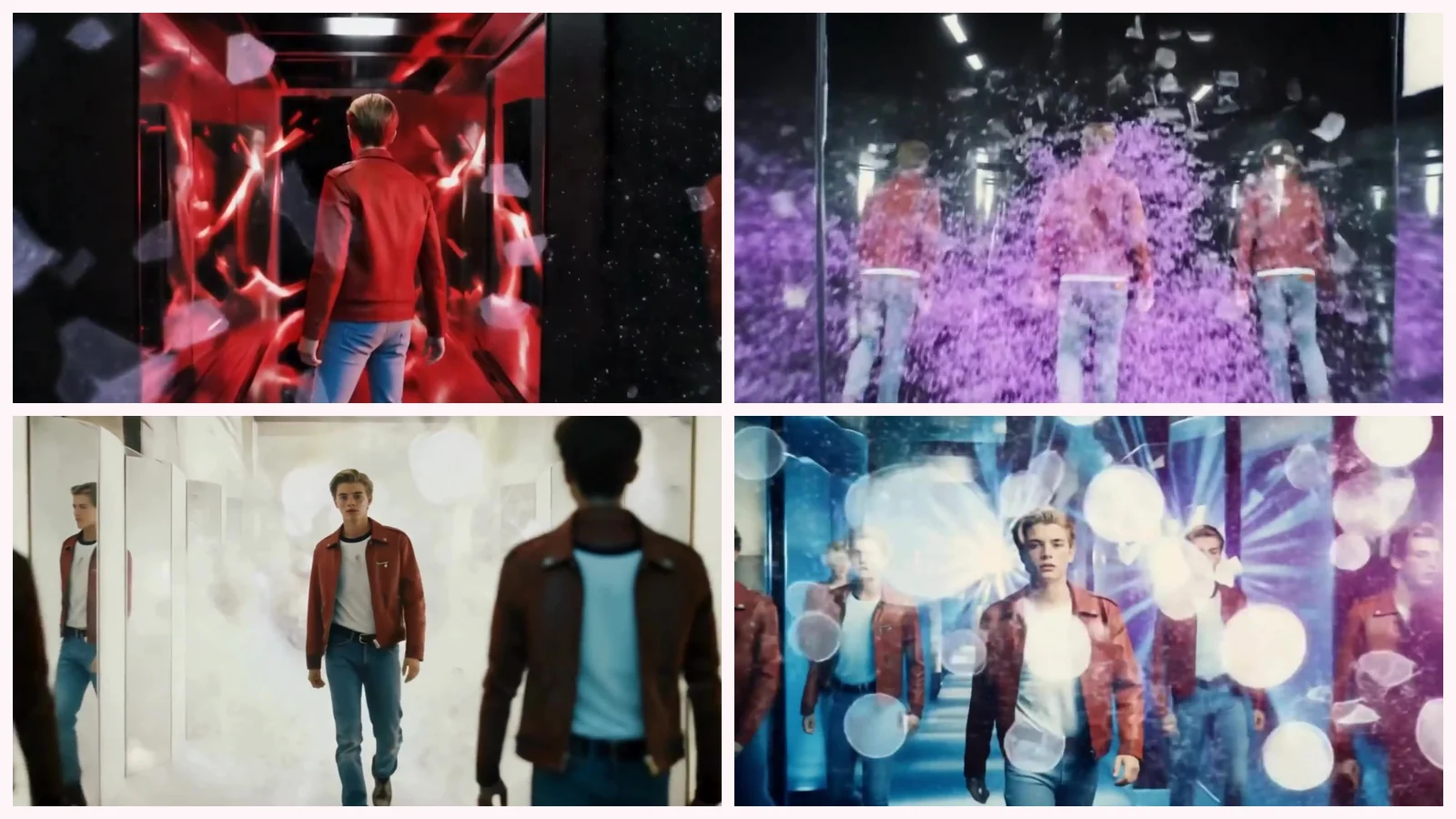 Mosaico de cuatro fotogramas de «Mirror» con el chico de la chaqueta roja y sus copias: de espaldas en un pasillo rojo, tres iguales entre partículas violetas, una sala blanca y una galería de burbujas de luz