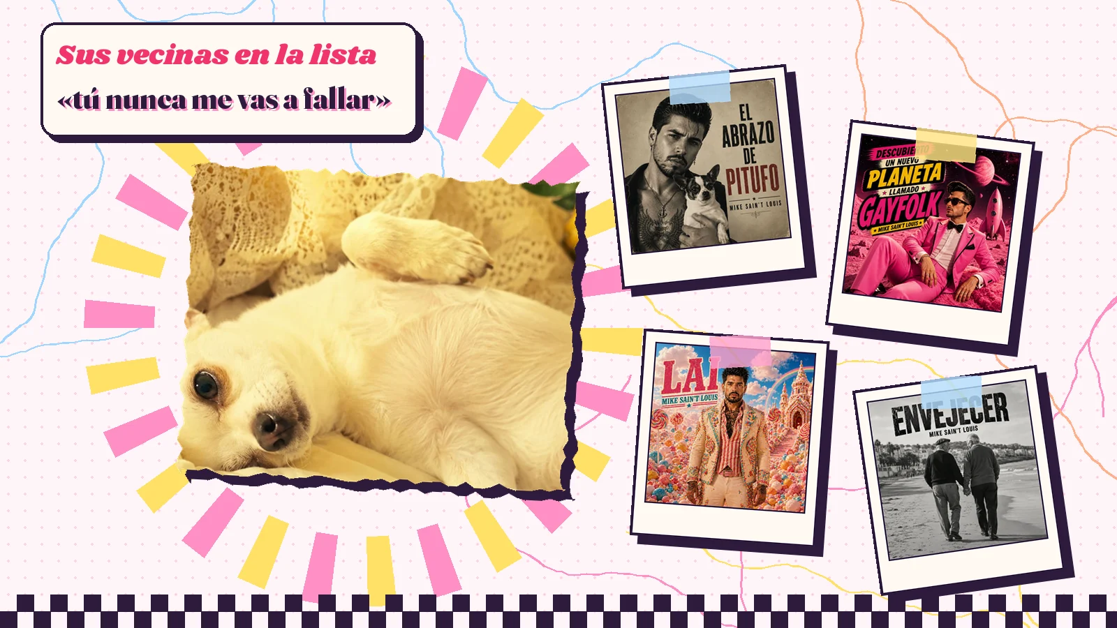 Collage con el chihuahua Limón tumbado y el verso «tú nunca me vas a fallar», junto a las portadas de «El abrazo de Pitufo», «Lai», «Envejecer» y el disco del planeta
