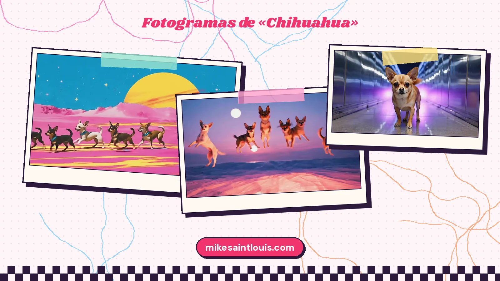 Tres planos del clip de «Chihuahua»: una fila de chihuahuas sobre arena rosa bajo un sol amarillo, cinco perros saltando en el aire ante dos lunas y uno solo en un pasillo de neón morado