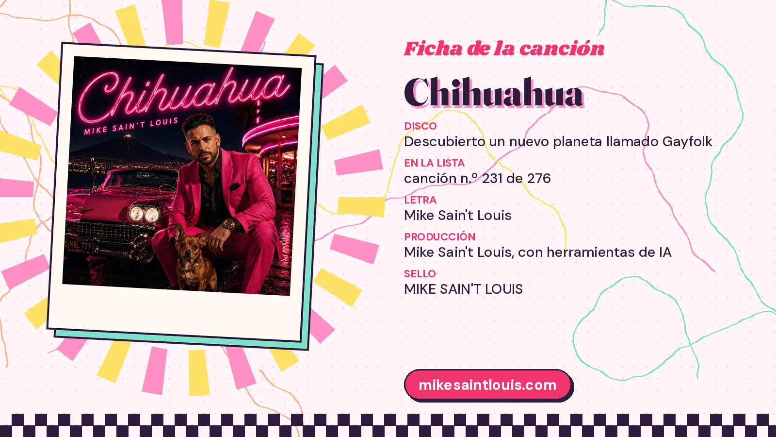 Datos de «Chihuahua» con su portada de traje rosa, coche descapotable y perro: disco «Descubierto un nuevo planeta llamado Gayfolk», sello MIKE SAIN'T LOUIS