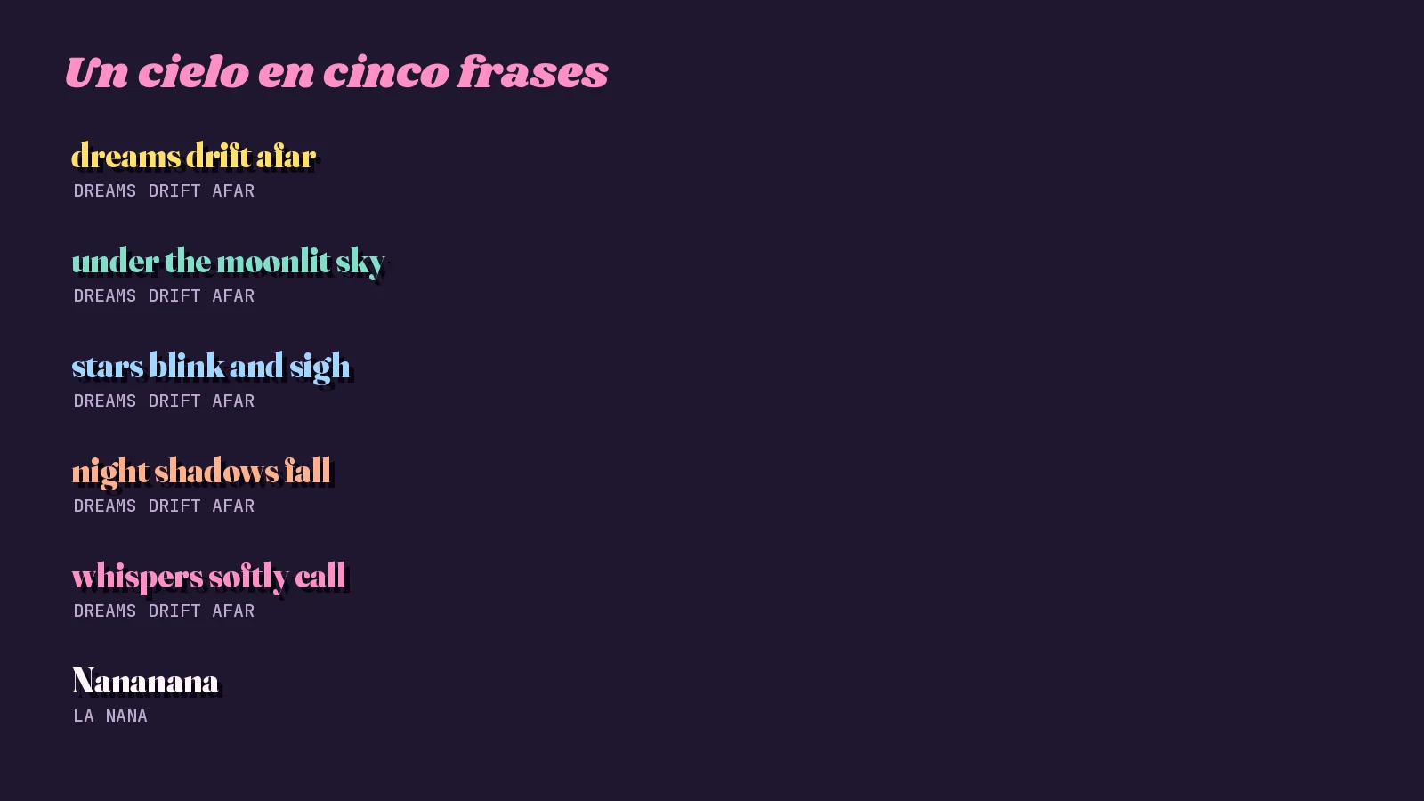 Tarjeta oscura con las frases celestes de «Dreams Drift Afar»: dreams drift afar, under the moonlit sky, stars blink and sigh, night shadows fall y whispers softly call