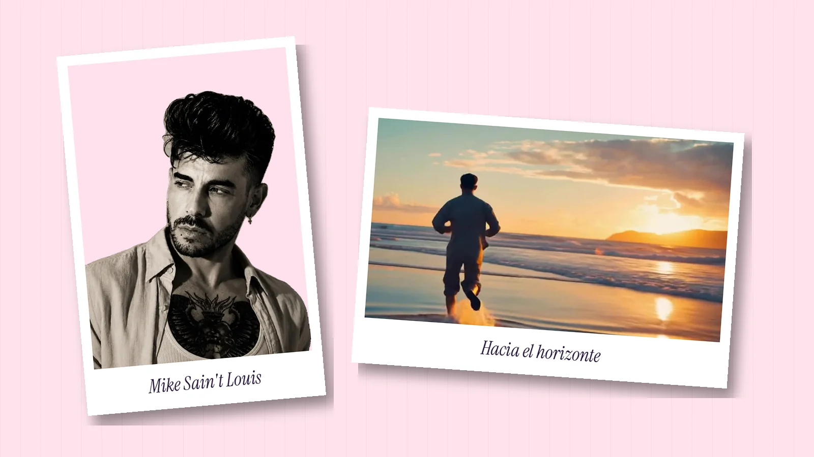 Dos polaroids: un retrato en blanco y negro de Mike Sain't Louis y una figura de espaldas que corre por la orilla hacia el sol