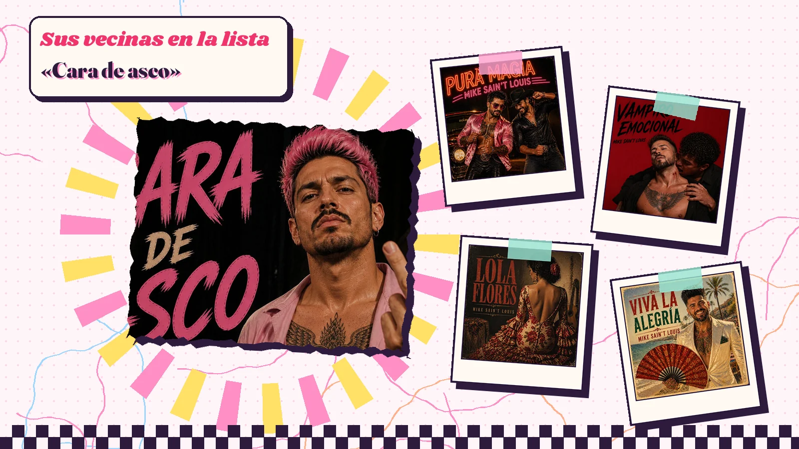 Collage con un detalle de la carátula de «Cara de asco» y las carátulas de «Pura Magia», «Vampiro Emocional», «Lola Flores», «Viva la Alegría»