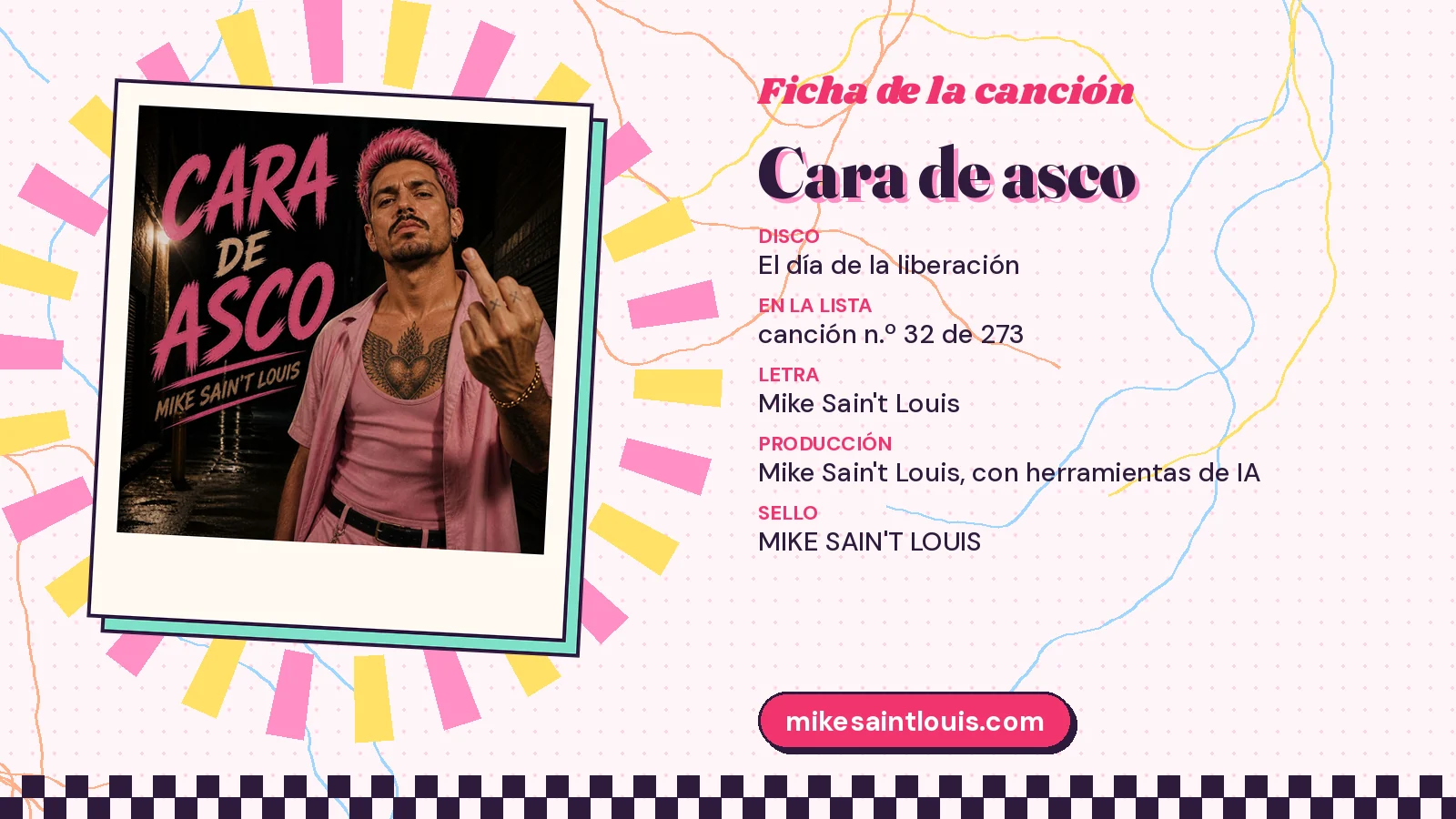 Ficha de la canción «Cara de asco» con su carátula: disco «El día de la liberación», letra y producción de Mike Sain't Louis