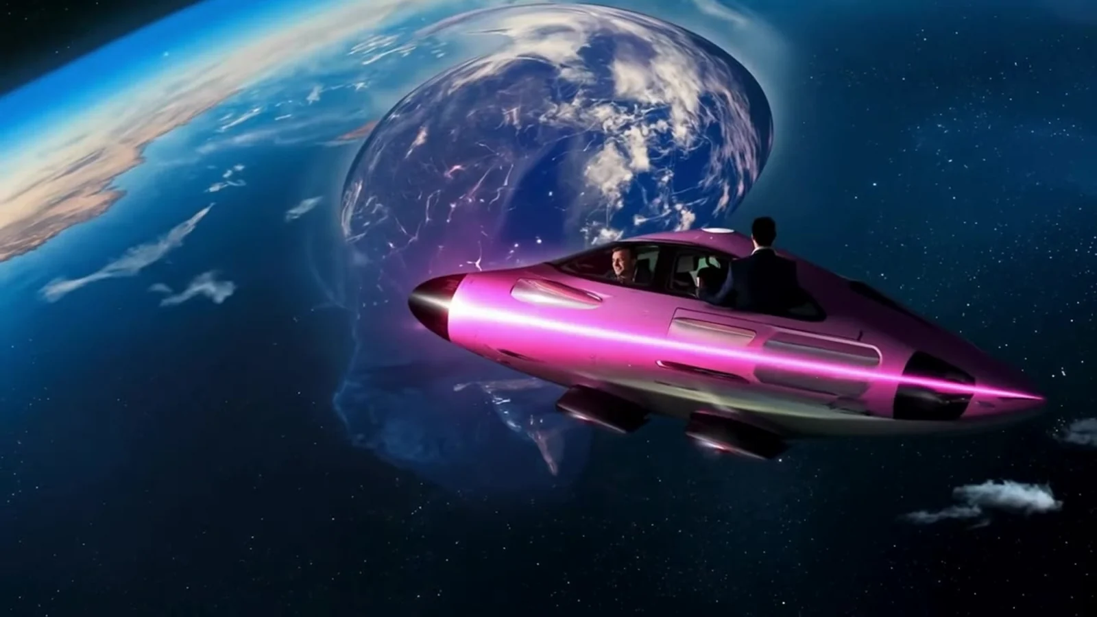 Fotograma del videoclip de «La despedida»: un cohete fucsia alargado con alas cortas se desliza por el espacio con la curva azul de la Tierra y sus nubes al fondo