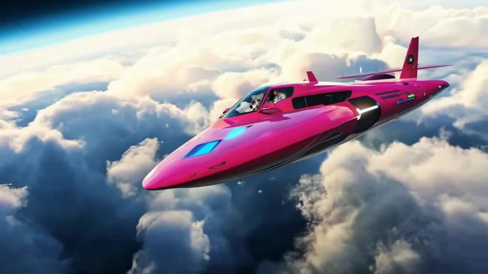 Fotograma del videoclip de «La despedida»: una nave rosa con forma de avión y alas en flecha vuela sobre un mar de nubes blancas bajo un cielo azul intenso