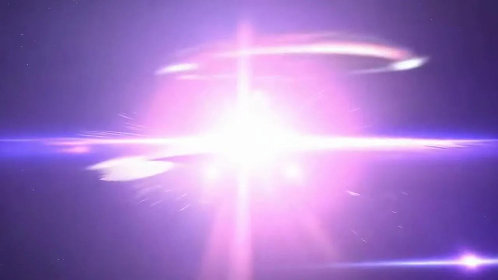 Fotograma del videoclip de «La despedida»: un destello de luz blanca y violeta con rayos que se expanden en mitad del negro del espacio