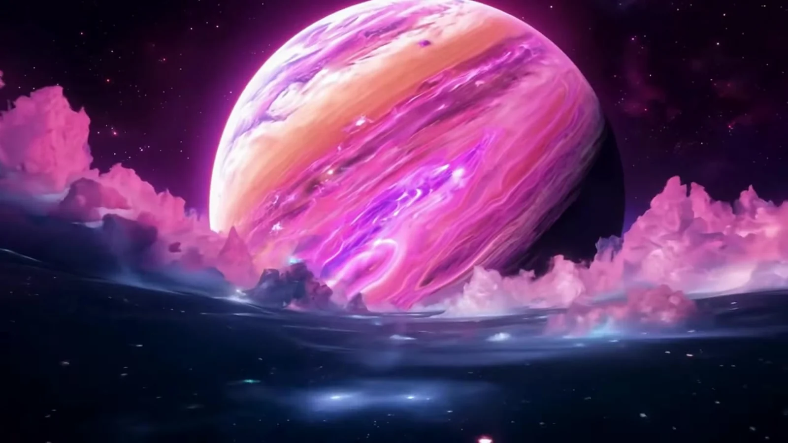 Fotograma del videoclip de «La despedida»: un planeta gigantesco de franjas rosas, moradas y naranjas con remolinos, sobre un mar de nubes violetas