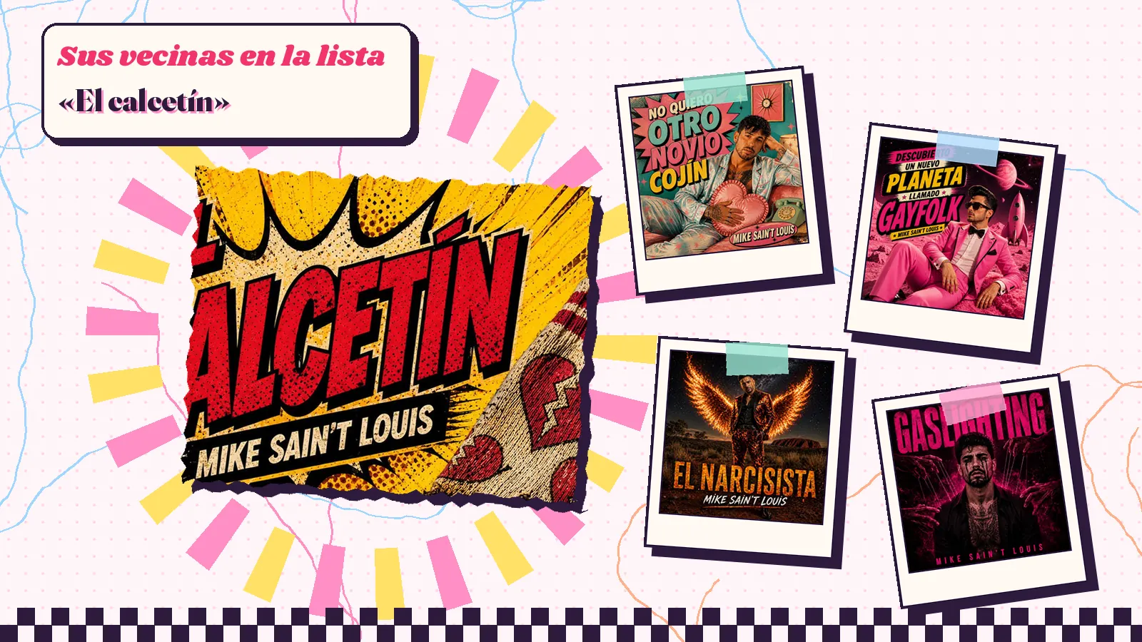 Collage con un detalle de la carátula de «El calcetín» y las carátulas de «No quiero otro novio cojín», «Descubierto un nuevo planeta llamado Gayfolk», «El narcisista» y «Gaslighting»