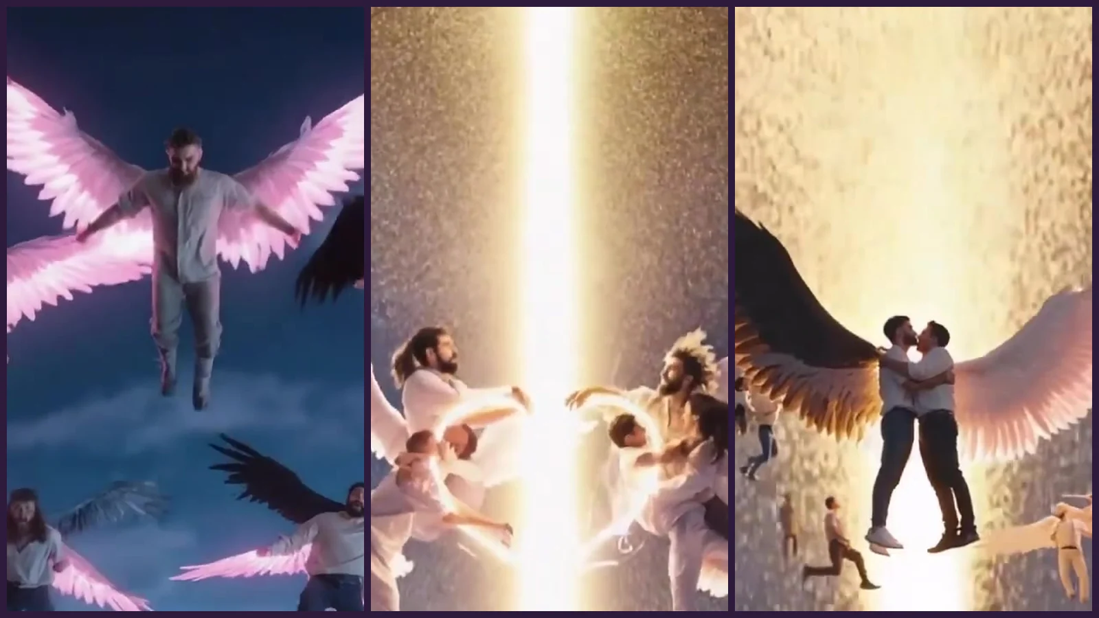 Tres franjas del videoclip de «Fly Away»: una bandada de hombres con alas rosas luminosas volando en formación en el cielo nocturno, parejas con alas blancas que se encuentran junto a una columna de luz dorada y una pareja abrazada en el centro de una lluvia de chispas