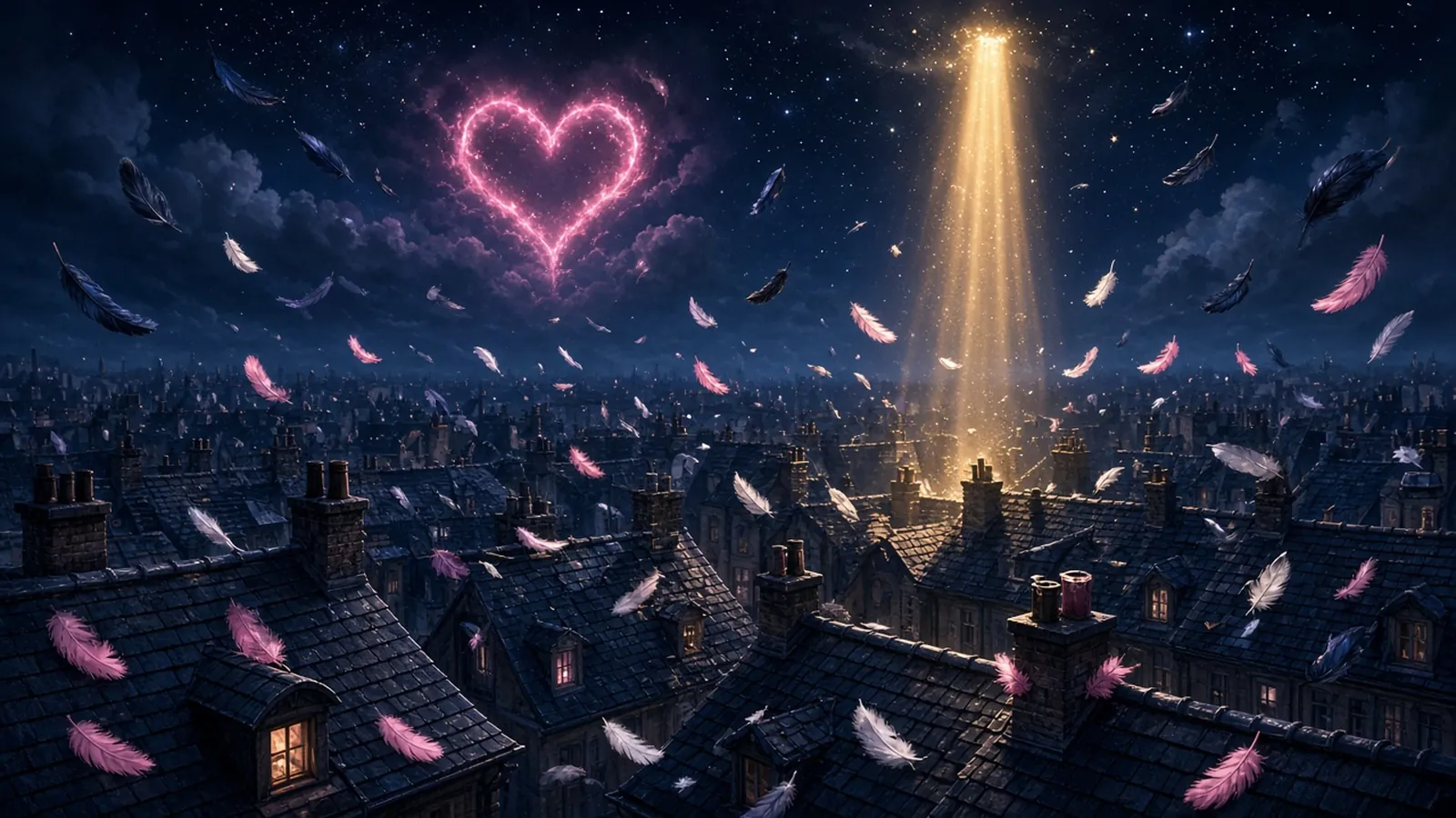 Ilustración sin personas de los tejados de una ciudad dormida de noche, con un corazón de neón rosa en el cielo, una columna de luz dorada y plumas negras, rosas y blancas cayendo sobre las chimeneas