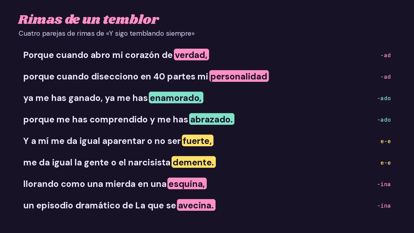 Tarjeta oscura con ocho versos de «Y sigo temblando siempre» en los que se resalta en color la palabra que rima: verdad y personalidad, enamorado y abrazado, fuerte y demente, esquina y avecina