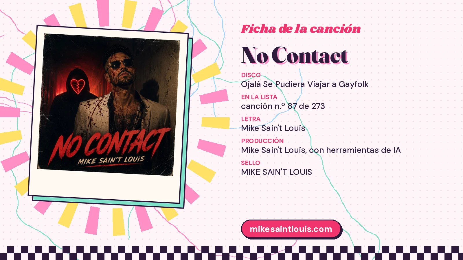Ficha de la canción «No Contact» con su carátula: disco «Ojalá Se Pudiera Viajar a Gayfolk», letra y producción de Mike Sain't Louis