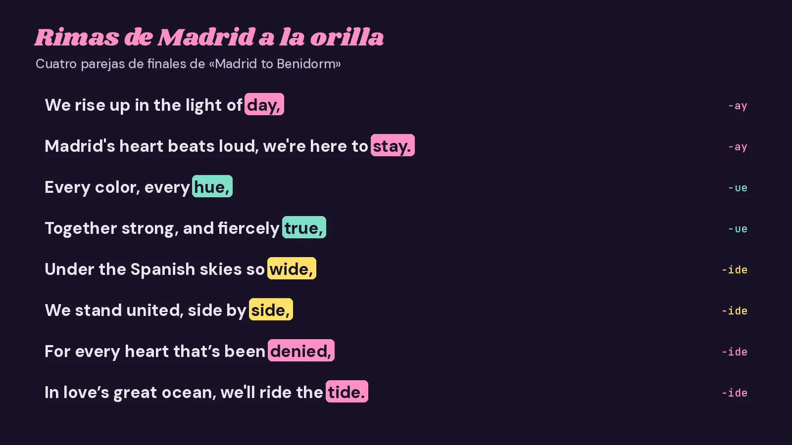 Tarjeta tipográfica oscura con ocho versos en inglés de «Madrid to Benidorm» y sus finales resaltados por parejas de rima: day y stay, hue y true, wide y side, denied y tide