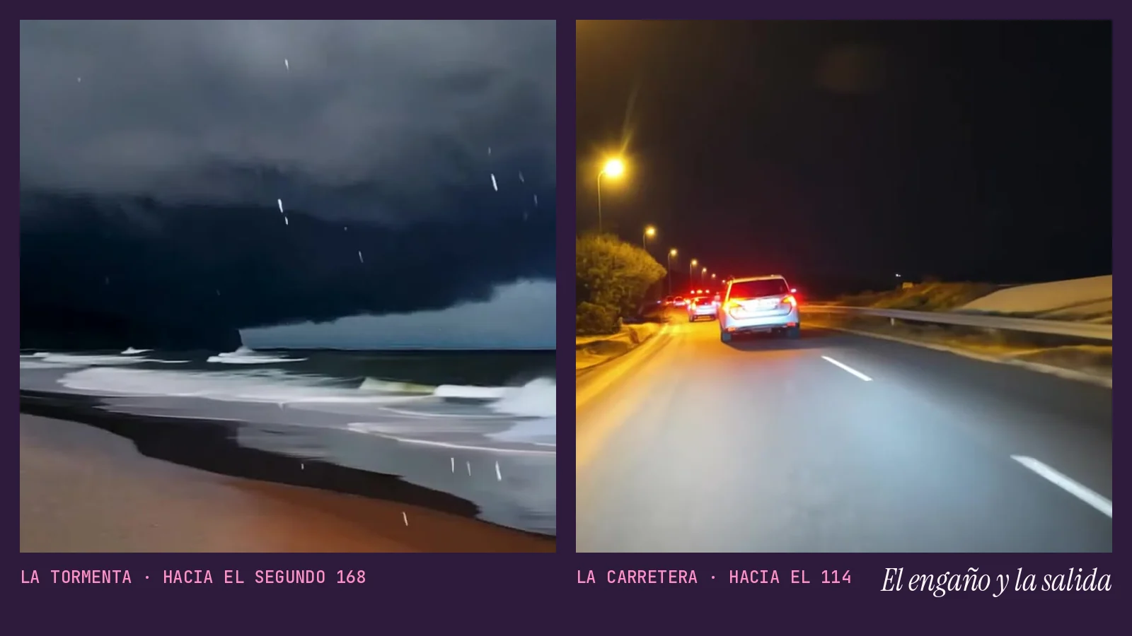 Díptico con dos fotogramas del videoclip de «Quién miente y jura»: una tormenta negra sobre el mar con la espuma blanca en la orilla y una carretera de noche filmada desde un coche, con farolas y los pilotos rojos de otro coche delante