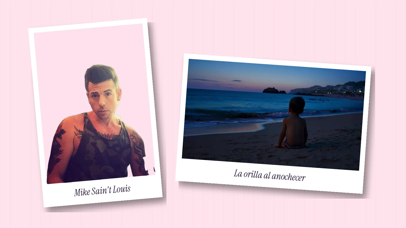 Dos polaroids sobre fondo rosa: una foto real de Mike Sain't Louis con camiseta de tirantes y, al lado, un fotograma del videoclip con un niño de espaldas sentado en la orilla al anochecer frente a un pueblo blanco de la costa