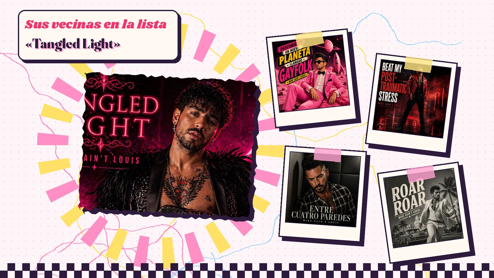 Collage con un detalle de la carátula de «Tangled Light» y las carátulas de «Descubierto un nuevo planeta llamado Gayfolk», «Beat My Post-Traumatic Stress», «Entre cuatro paredes», «Roar Roar»