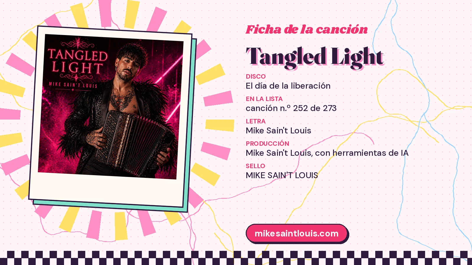 Ficha de la canción «Tangled Light» con su carátula: disco «El día de la liberación», letra y producción de Mike Sain't Louis