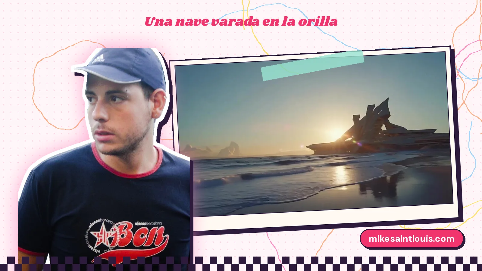 Foto de Mike Sain't Louis con gorra junto a un fotograma de «Breeze» en el que una construcción oscura con forma de barco varado se recorta contra el atardecer en la orilla