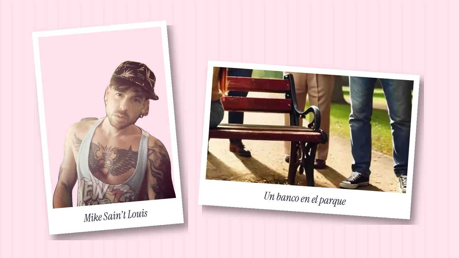 Dos polaroids: Mike Sain't Louis con gorra y camiseta de tirantes, y un banco de madera en un parque del videoclip