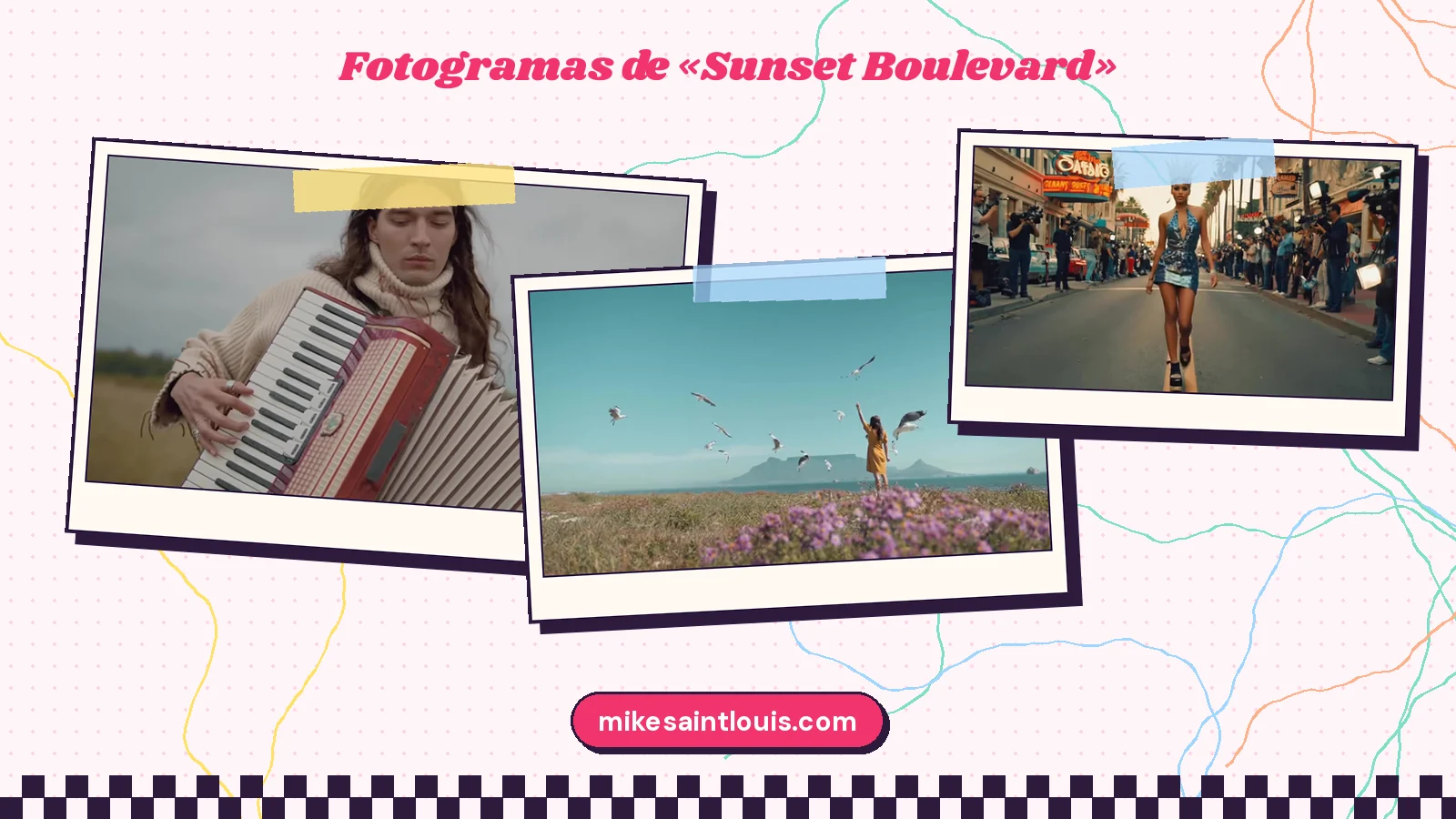 Tres fotogramas del videoclip de «Sunset Boulevard»: la persona del acordeón rojo en el prado gris, una chica entre gaviotas y flores moradas y una diva de lentejuelas azules entre fotógrafos en el bulevar