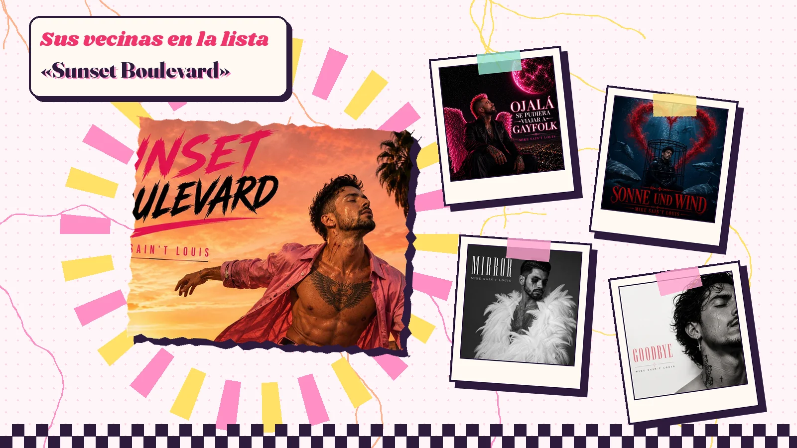 Collage de portadas: «Sunset Boulevard» junto a sus vecinas en la lista del disco «Ojalá se pudiera viajar a Gayfolk»