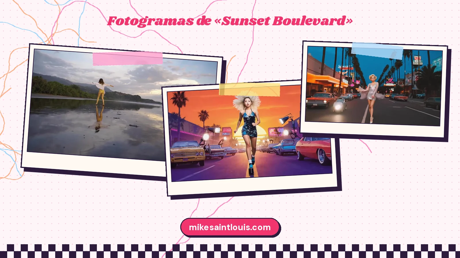 Tres fotogramas más de «Sunset Boulevard»: una figura reflejada en la playa con marea baja, una diva con tocado de plumas ante el sol y una rubia de plateado en la avenida a la hora azul