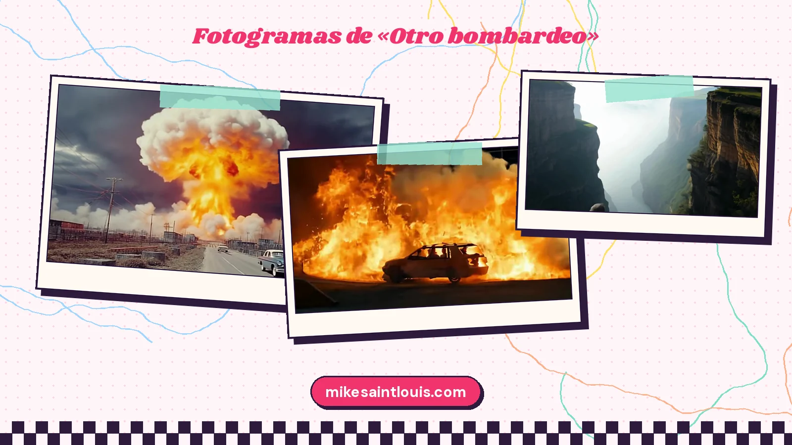 Tres momentos del clip de «Otro bombardeo»: un hongo de humo sobre una autopista, un coche delante de una pared de fuego y dos paredes de roca con niebla