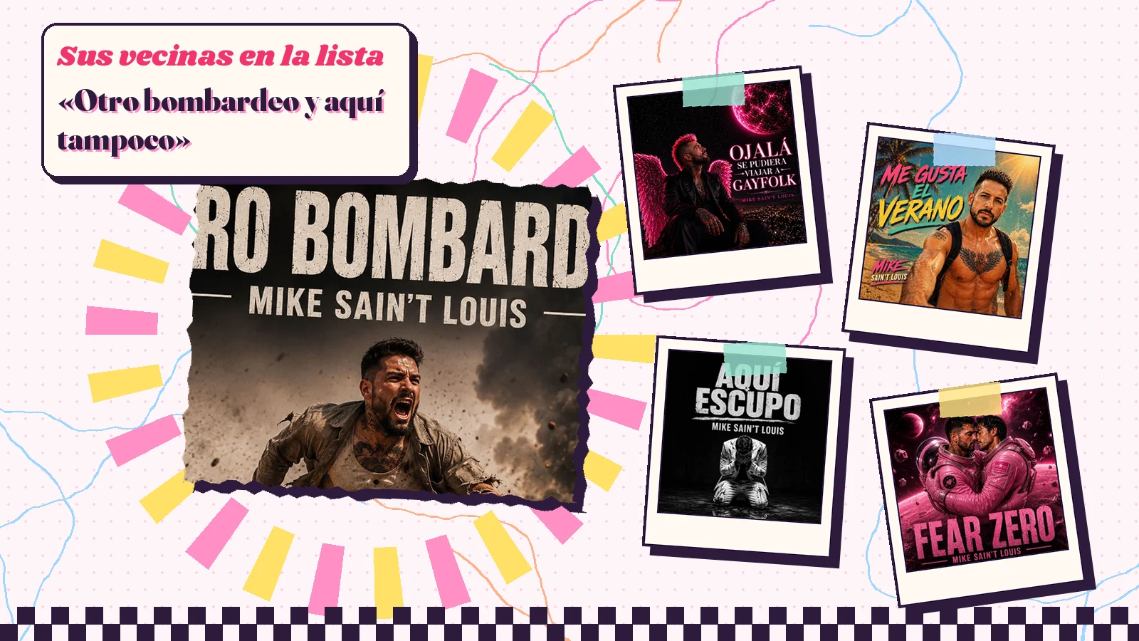 La portada de «Otro bombardeo», con un hombre que corre entre el humo, junto a «Ojalá se pudiera viajar a GAYFOLK», «Me gusta el verano», «Aquí escupo» y «Fear Zero»