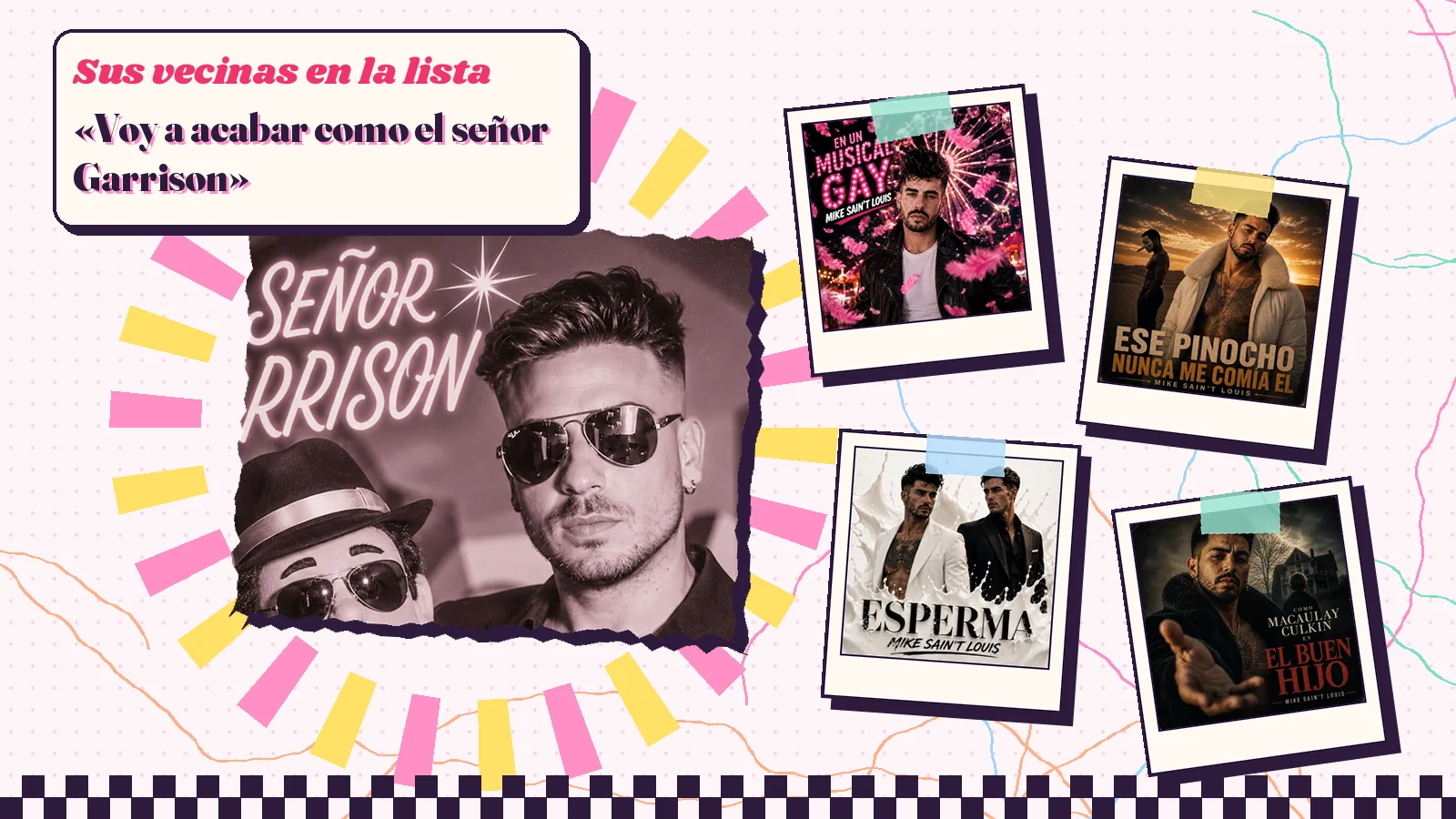 Collage with a detail of the «El señor Garrison» cover art and the covers of «En un musical gay», «Ese pinocho nunca me comía el chocho», «Esperma» and «Como Macaulay Culkin en El buen hijo»