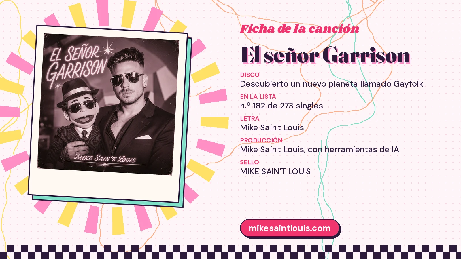 Song card for «El señor Garrison» with its cover art: from the album «Descubierto un nuevo planeta llamado Gayfolk», lyrics and production by Mike Sain't Louis