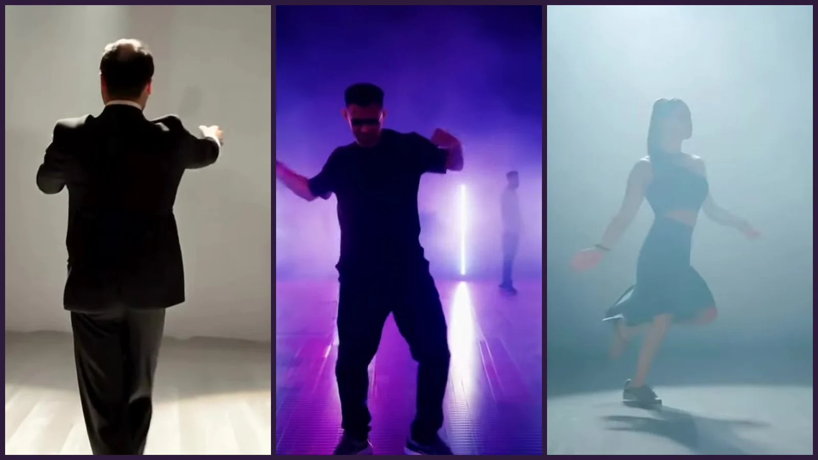 Tres franjas del videoclip de «Mood»: un hombre de esmoquin de espaldas en un escenario vacío bajo dos focos, un hombre que baila solo entre columnas de luz violeta y una bailarina de negro que gira entre humo azul