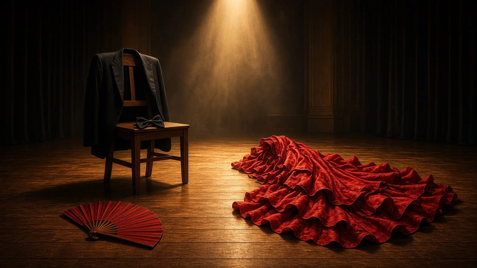 Ilustración sin personas de un escenario vacío con suelo de madera bajo un foco cálido, una chaqueta de esmoquin y una pajarita sobre una silla, un abanico rojo abierto en el suelo y una falda roja de volantes extendida