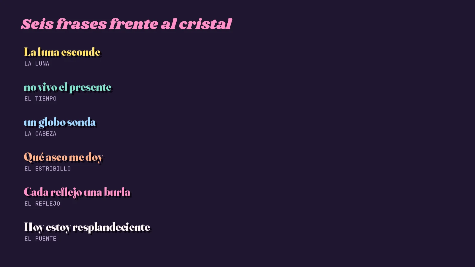 Tarjeta oscura con seis fragmentos breves de «El espejo de enfrente» y su papel en la letra: la luna que tapa, el tiempo perdido, la cabeza como globo sonda, el estribillo, el reflejo que se burla y el puente