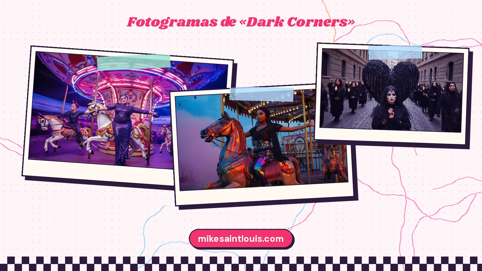 Tres fotogramas del videoclip de «Dark Corners»: un carrusel con luces de neón, una mujer a caballo en un tiovivo y la procesión del corazón negro entre velas