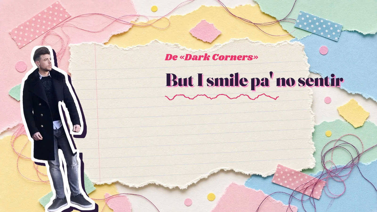 Pegatina de Mike Sain't Louis con abrigo sobre papeles rasgados y el verso «But I smile pa' no sentir», la sonrisa como anestesia de la canción