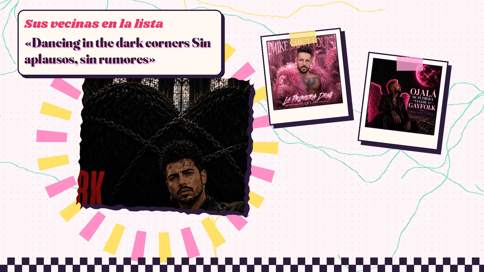 Collage con la carátula de «Dark Corners» junto a las de «La primera drag» y del segundo disco, «Ojalá se pudiera viajar a Gayfolk»