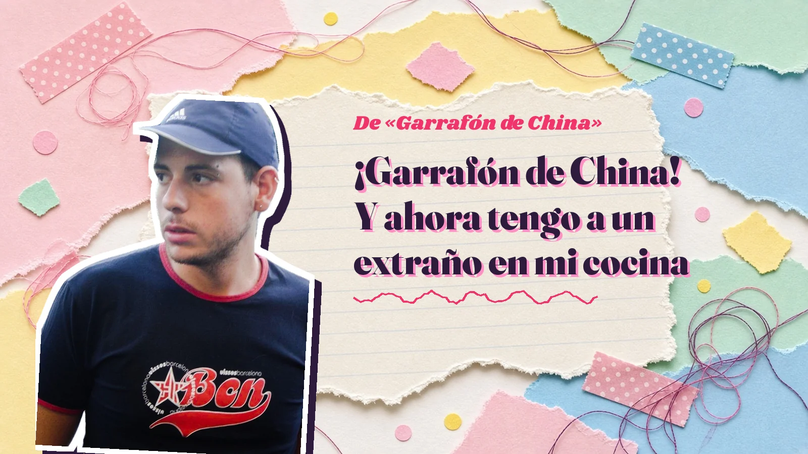 Mike Sain't Louis como pegatina sobre una página de cuaderno con papeles rasgados, con el verso «¡Garrafón de China! Y ahora tengo a un extraño en mi cocina» de «Garrafón de China»