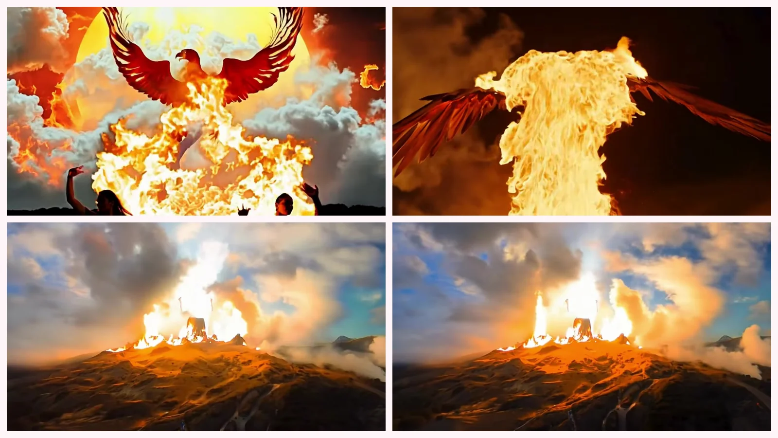 Mosaico de cuatro fotogramas de «Tattoo de fénix»: un ave de fuego entre nubes encendidas sobre manos levantadas, una columna de llamas con un ala roja y dos vistas de una montaña con la cima en llamas