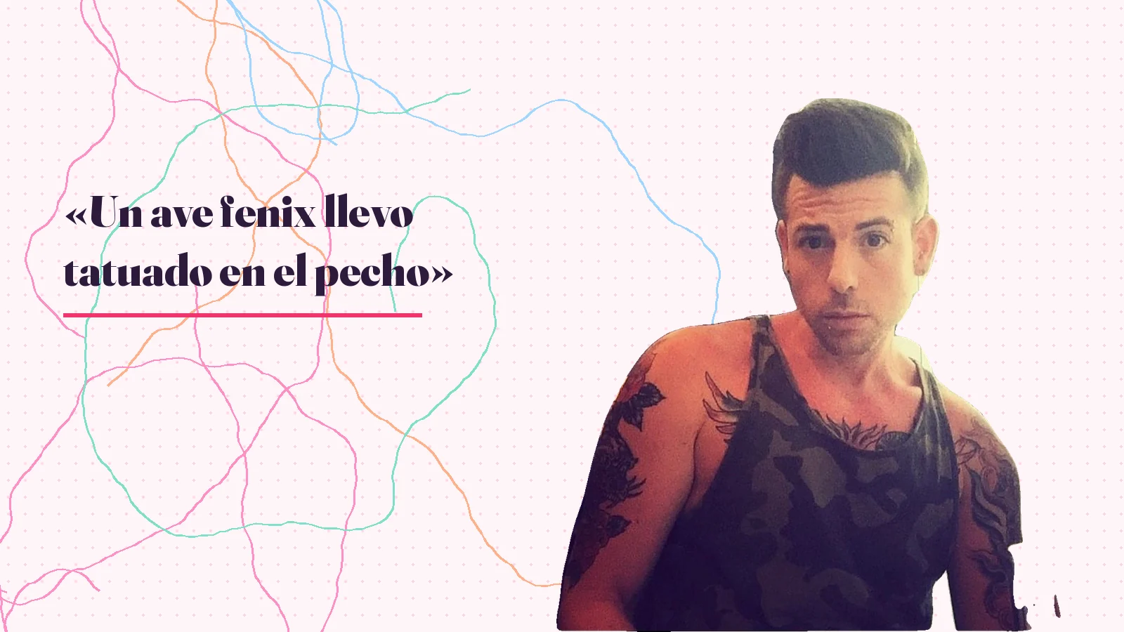Foto real de Mike Sain't Louis con camiseta de tirantes junto al verso de «Tattoo de fénix» «Un ave fenix llevo tatuado en el pecho»