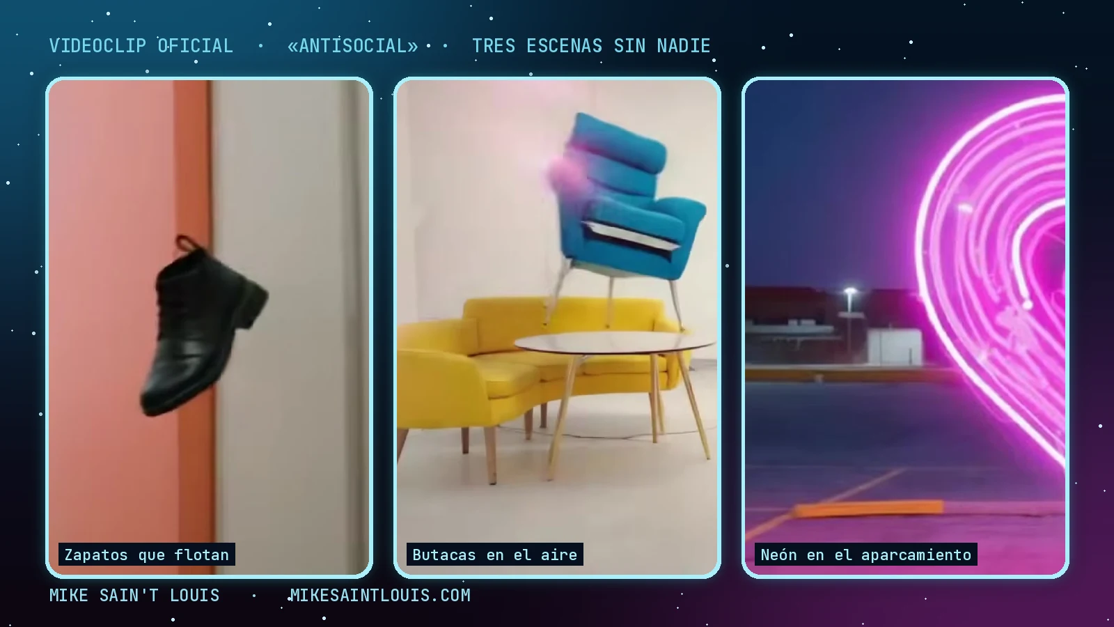 Tríptico de fotogramas sin personas del videoclip de «Antisocial»: una bota negra flotando en un pasillo rosa, una butaca azul suspendida sobre un sofá amarillo y un corazón de neón rosa en un aparcamiento vacío de noche