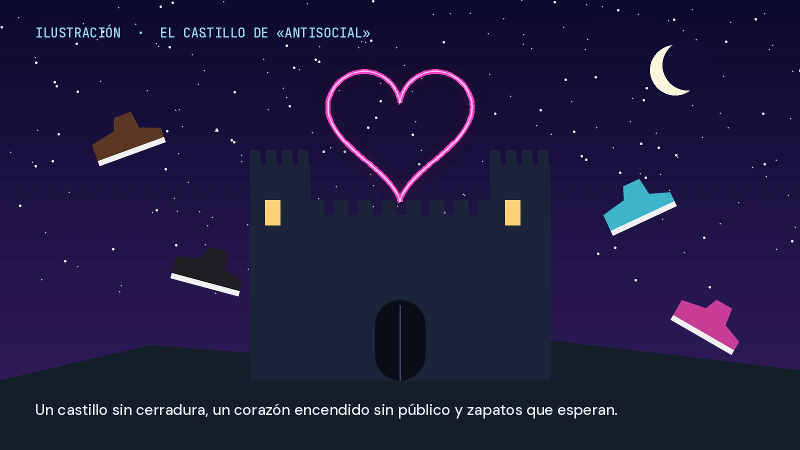 Ilustración sin personas de un castillo oscuro con la puerta sin cerradura, un corazón de neón rosa encendido sobre las almenas, la luna y cuatro zapatos de colores flotando en el cielo de la noche
