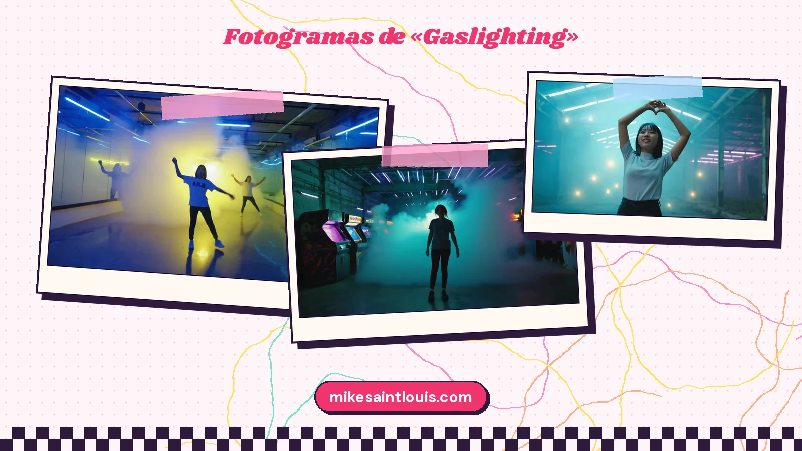 Tres planos del clip de «Gaslighting»: la bailarina de camiseta azul entre espejos amarillos, la figura de espaldas en el pasillo de máquinas recreativas y la chica que hace un corazón con las manos