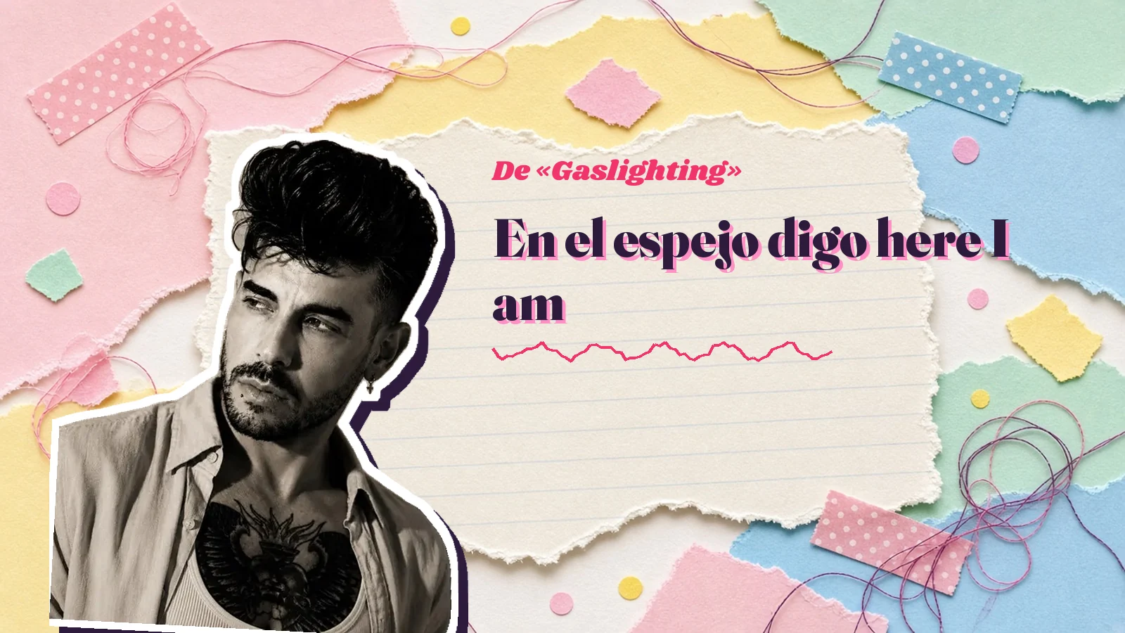 Recorte en blanco y negro de Mike Sain't Louis sobre papeles rasgados de colores, junto a la frase del espejo de «Gaslighting»