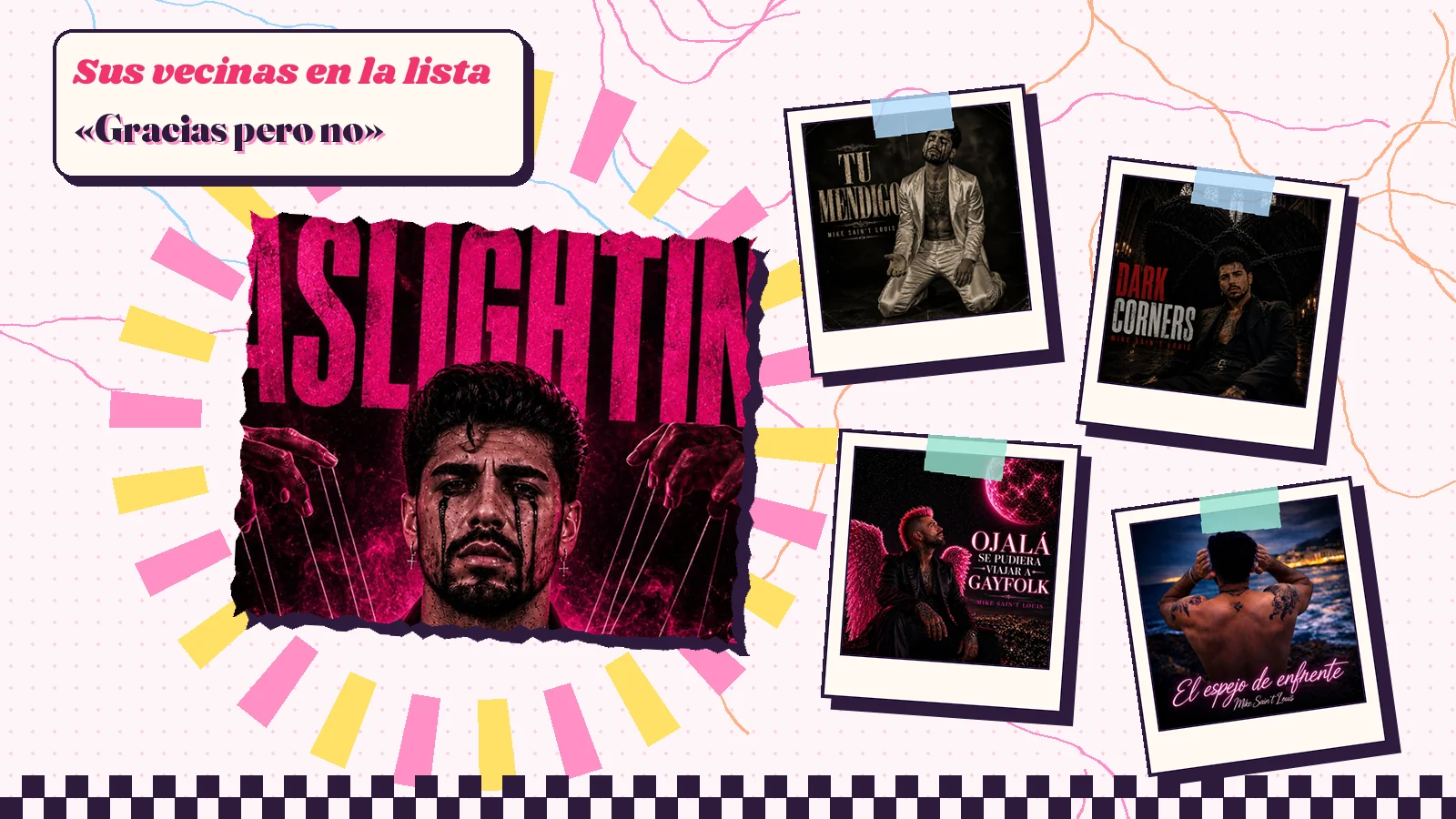 La portada roja de «Gaslighting» con las de sus vecinas «Tu mendigo», «Dark Corners», «Ojalá se pudiera viajar a Gayfolk» y «El espejo de enfrente»