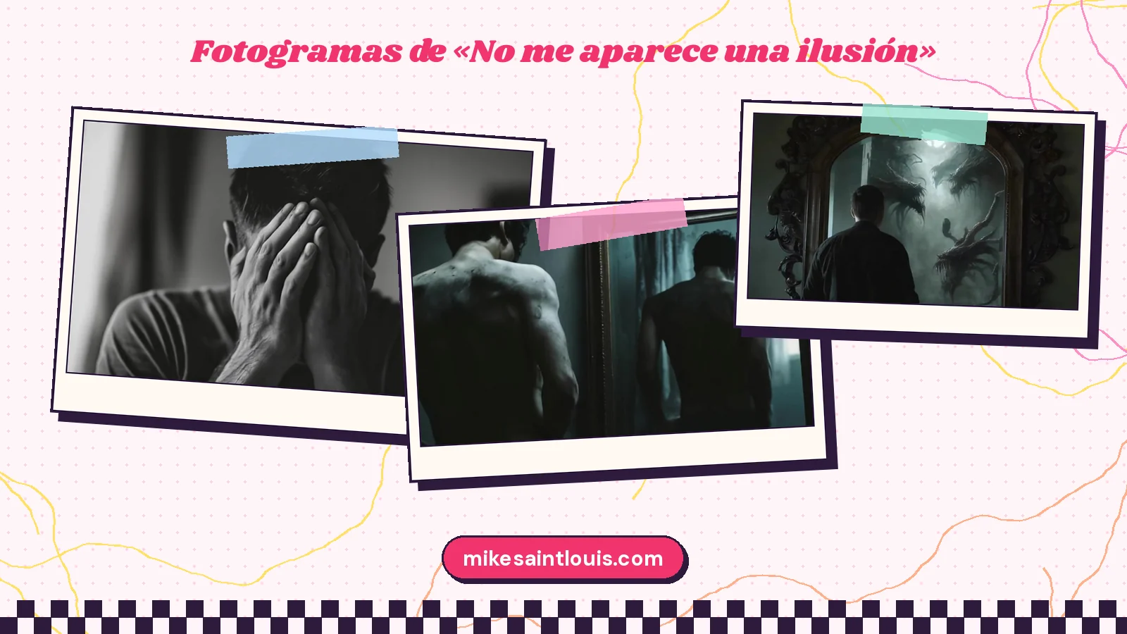Tres fotogramas del clip de «No me aparece una ilusión»: unas manos que tapan una cara en blanco y negro, un hombre de espaldas ante su reflejo y un espejo barroco lleno de sombras