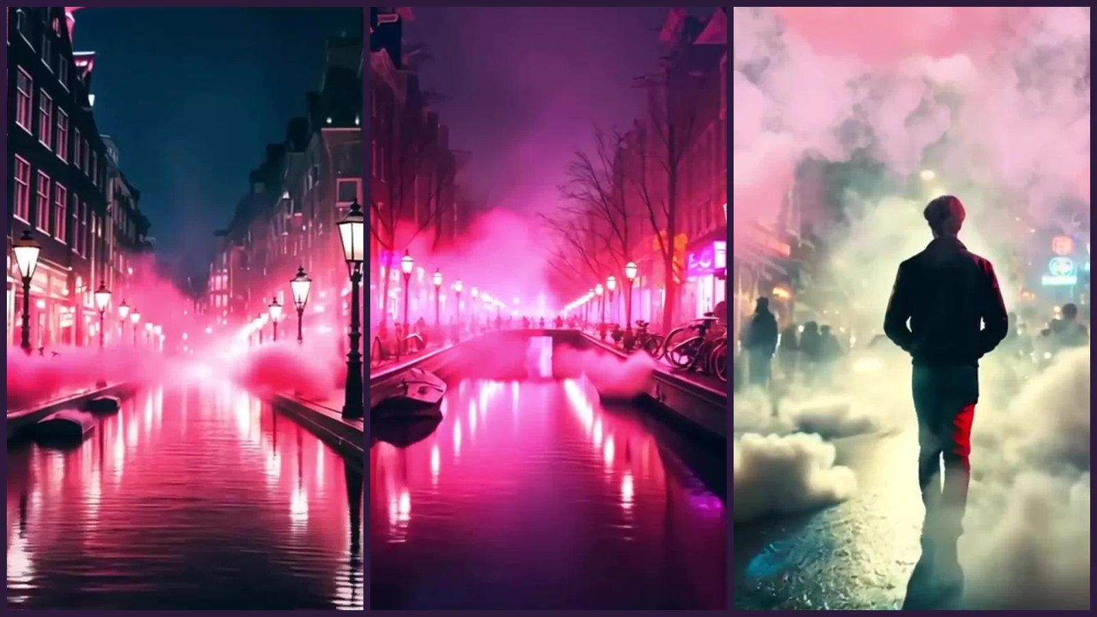 Tres franjas del videoclip de «Amsterdam»: una orilla de canal vacía con farolas encendidas y niebla rosa, un canal color frambuesa con bicicletas en la orilla y un hombre de espaldas que camina entre nubes rosas por una calle mojada